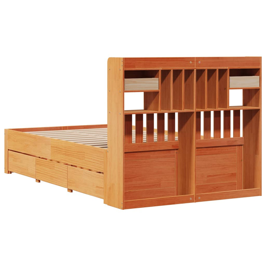Bed met boekenkast zonder matras grenenhout wasbruin 135x190 cm