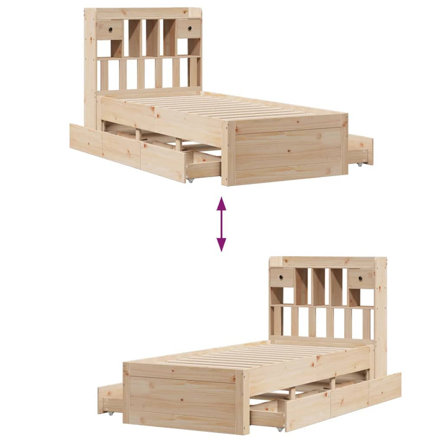 Bed met boekenkast zonder matras massief grenenhout 75x190 cm