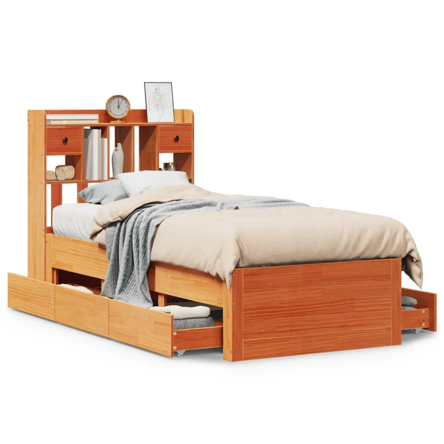 Bed met boekenkast zonder matras grenenhout wasbruin 75x190 cm