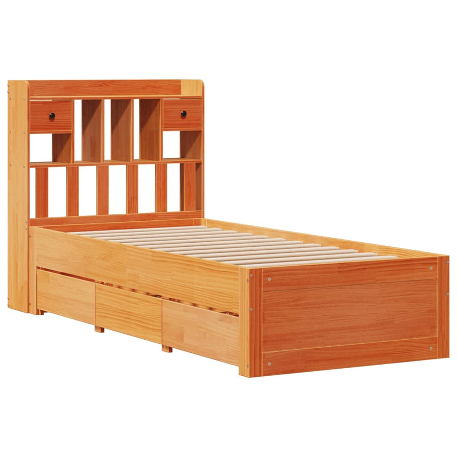 Bed met boekenkast zonder matras grenenhout wasbruin 75x190 cm