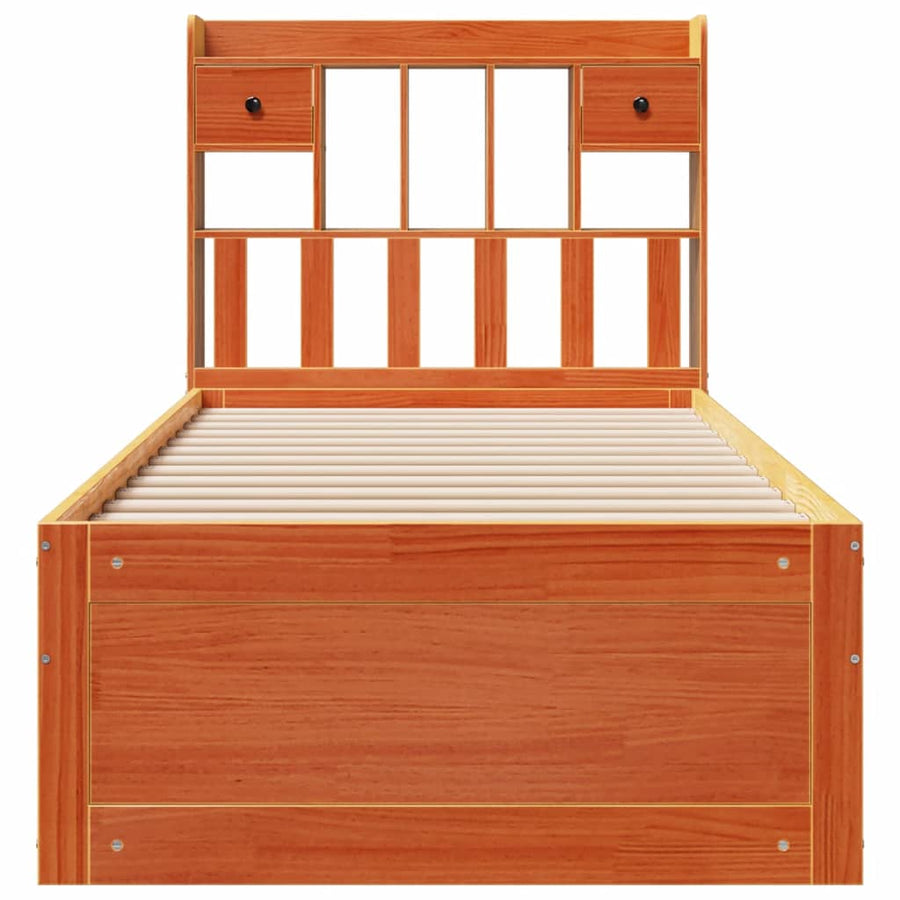 Bed met boekenkast zonder matras grenenhout wasbruin 75x190 cm