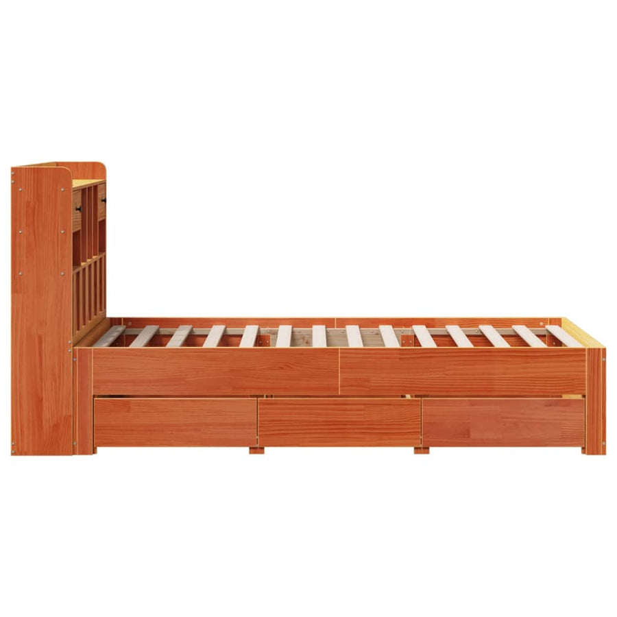 Bed met boekenkast zonder matras grenenhout wasbruin 75x190 cm