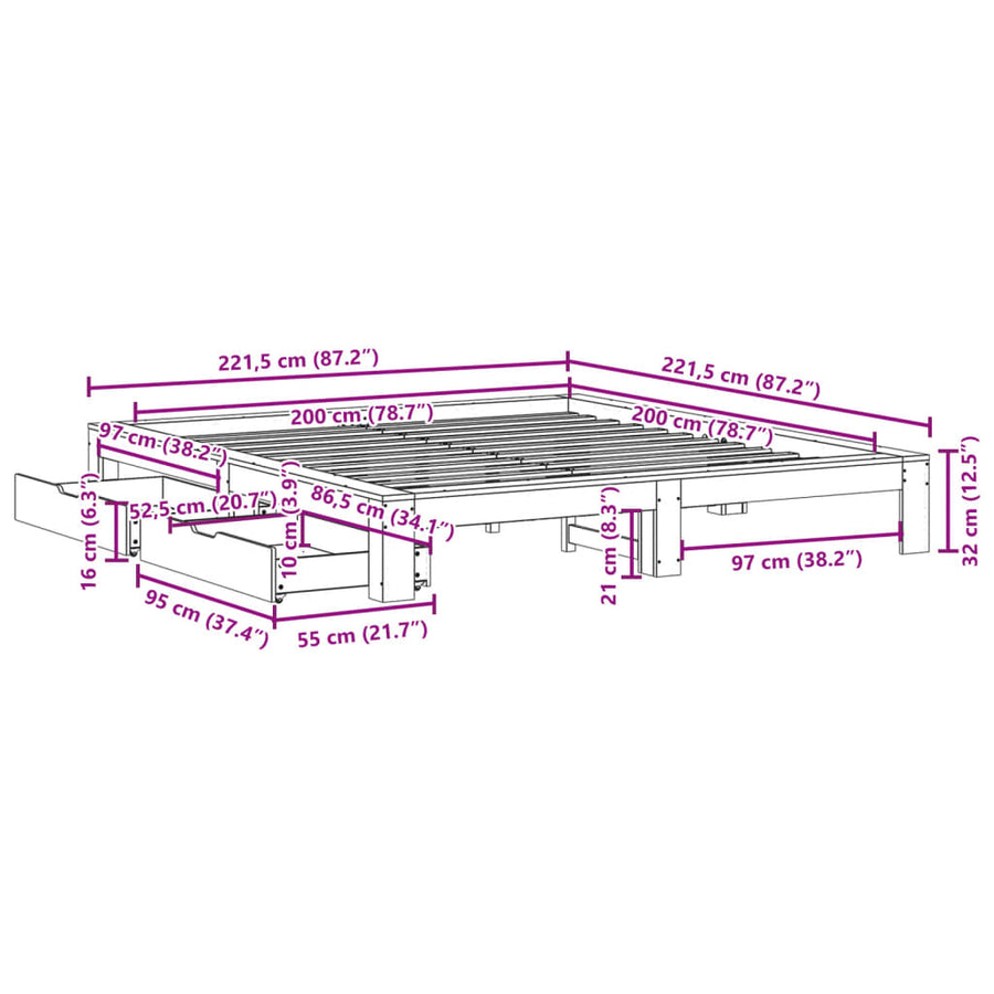 Bedframe zonder matras massief grenenhout wit 200x200 cm