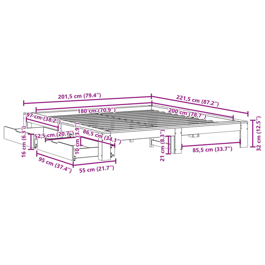 Bedframe zonder matras massief grenenhout wasbruin 180x200 cm