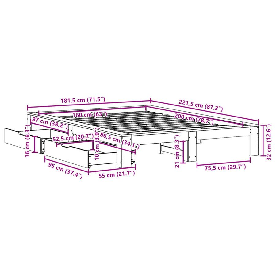 Bedframe zonder matras massief grenenhout wit 160x200 cm