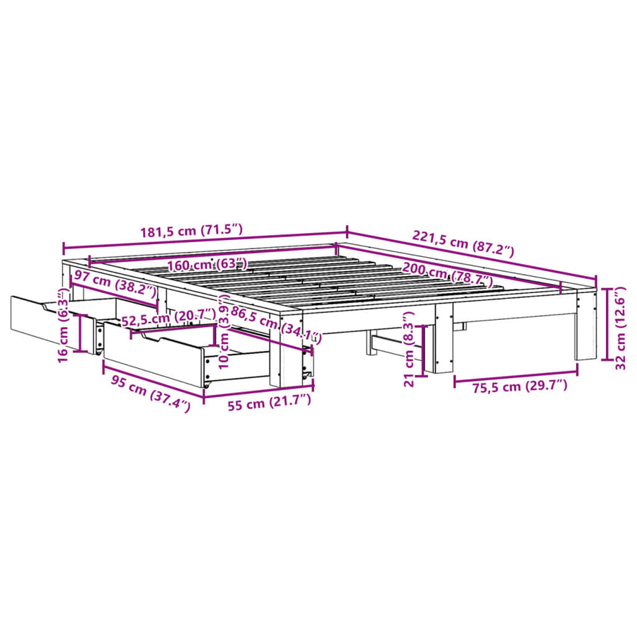 Bedframe zonder matras massief grenenhout wasbruin 160x200 cm