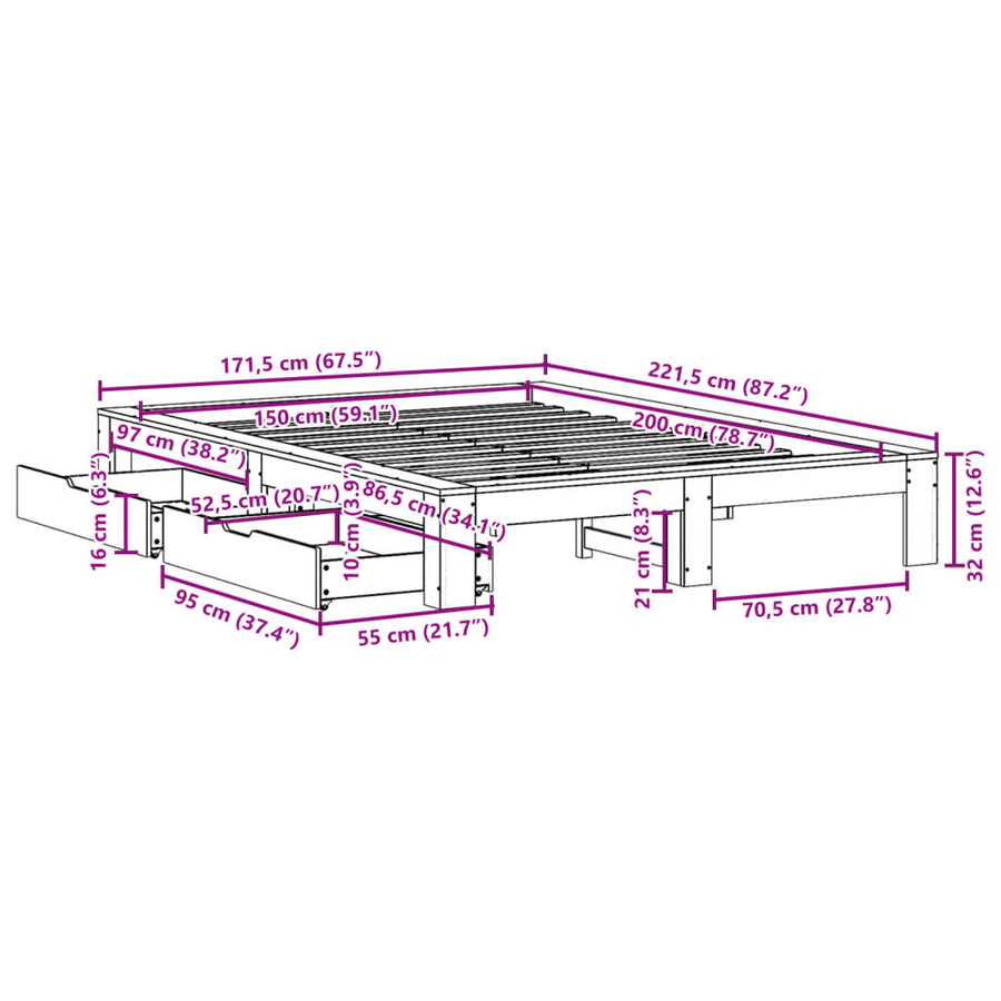 Bedframe zonder matras massief grenenhout wit 150x200 cm