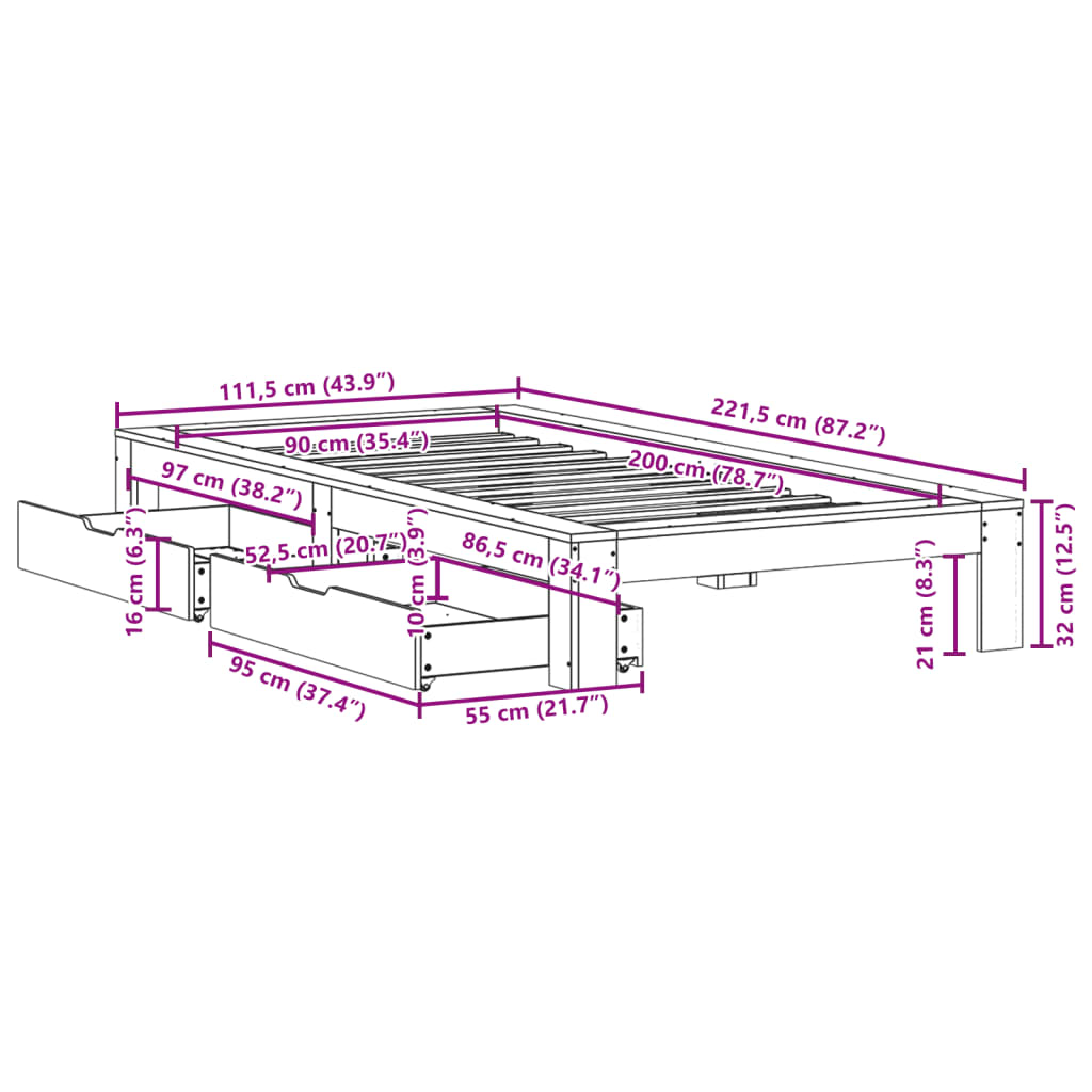Bedframe zonder matras massief grenenhout wasbruin 90x200 cm