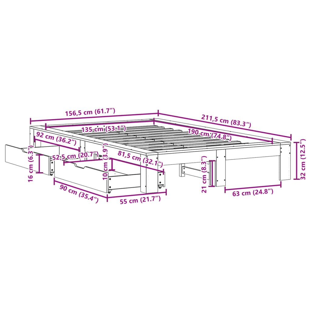 Bedframe zonder matras massief grenenhout wasbruin 135x190 cm