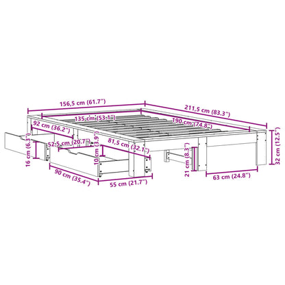 Bedframe zonder matras massief grenenhout wasbruin 135x190 cm