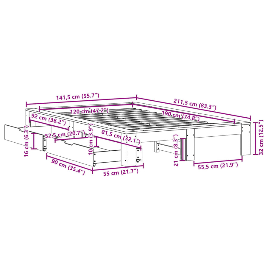 Bedframe zonder matras massief grenenhout wit 120x190 cm