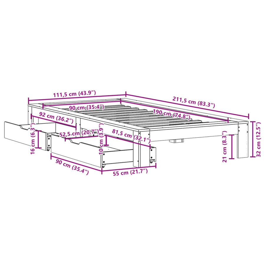 Bedframe zonder matras massief grenenhout wit 90x190 cm
