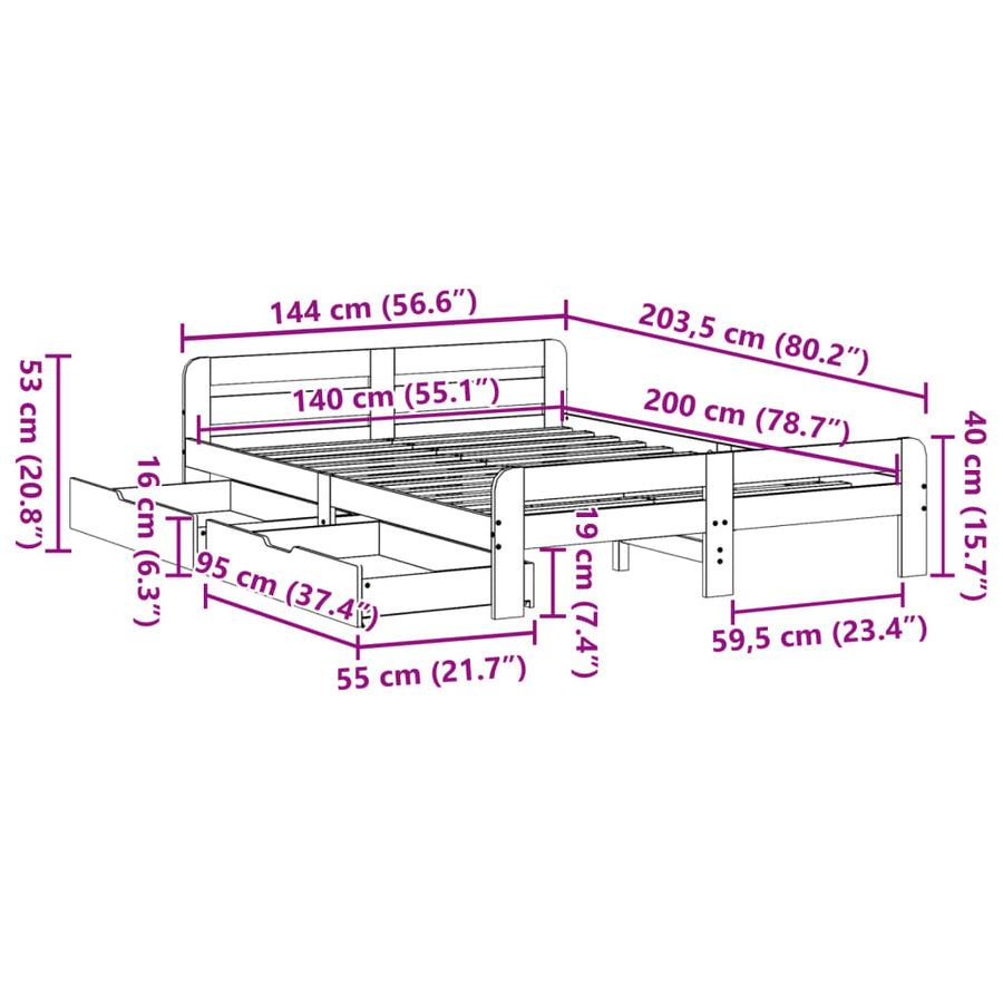 Bedframe zonder matras massief grenenhout wit 140x200 cm