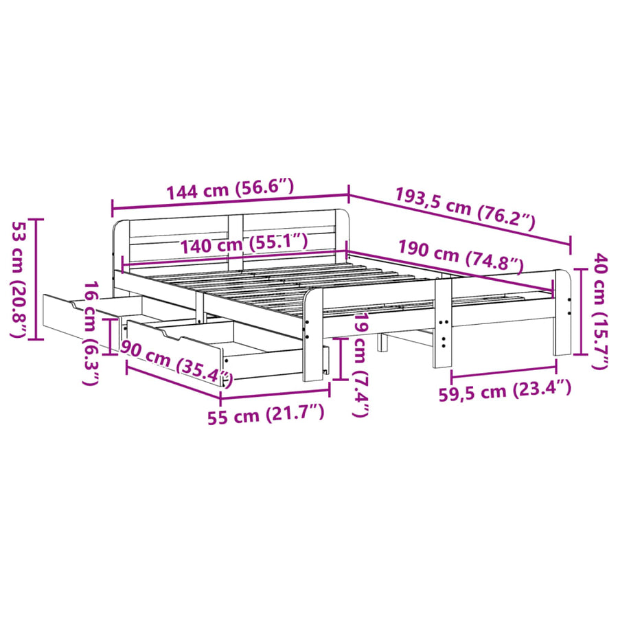 Bedframe zonder matras massief grenenhout wit 140x190 cm