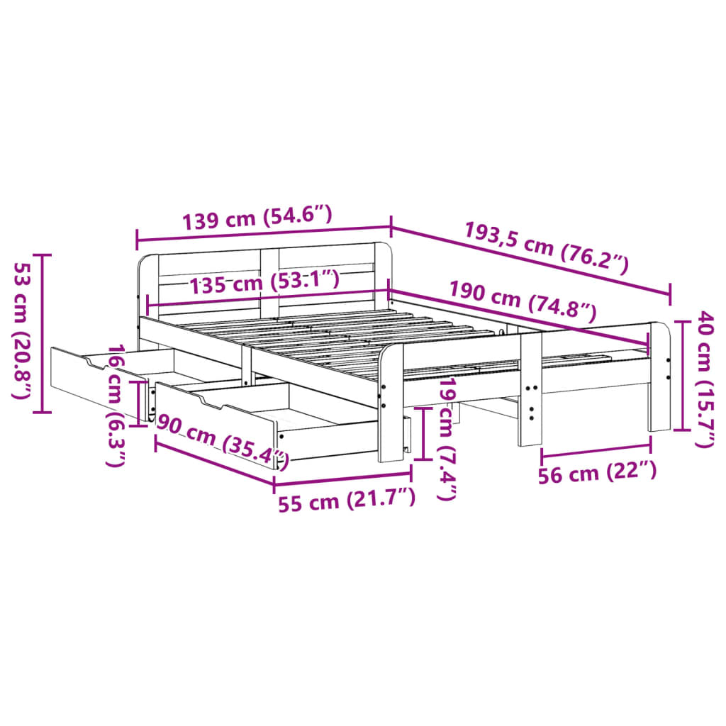 Bedframe zonder matras massief grenenhout wit 135x190 cm