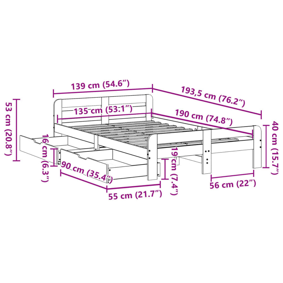 Bedframe zonder matras massief grenenhout wit 135x190 cm