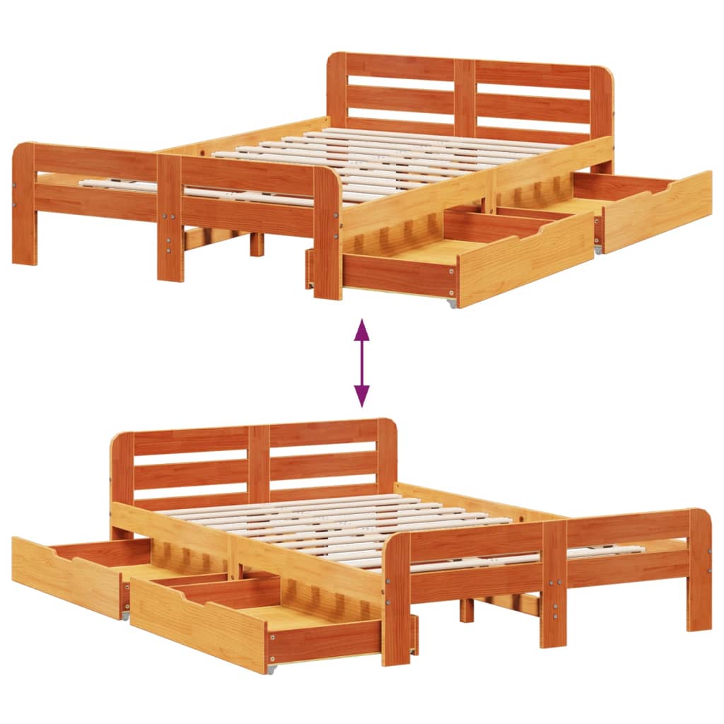 Bedframe zonder matras massief grenenhout wasbruin 135x190 cm
