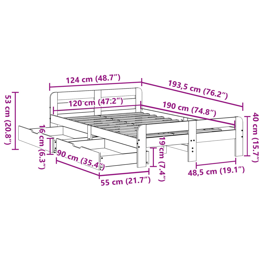 Bedframe zonder matras massief grenenhout 120x190 cm