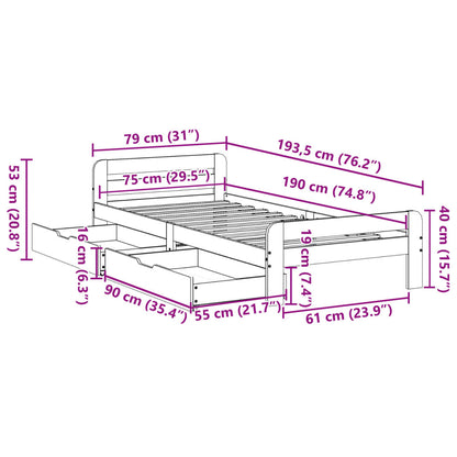 Bedframe zonder matras massief grenenhout wasbruin 75x190 cm