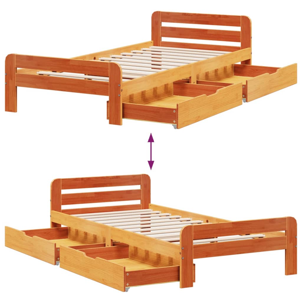 Bedframe zonder matras massief grenenhout wasbruin 75x190 cm