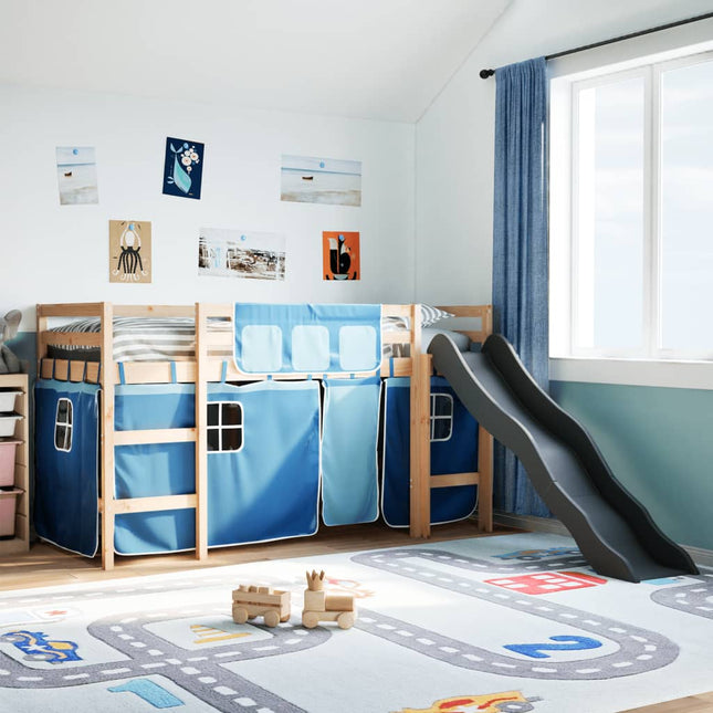 Kinderhoogslaper met gordijnen 80x200 cm grenenhout blauw