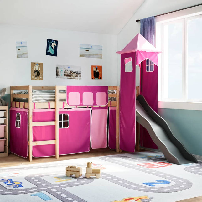 Kinderhoogslaper met toren 80x200 cm massief grenenhout roze