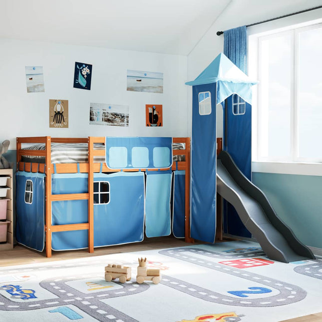 Kinderhoogslaper met toren 80x200 cm massief grenenhout blauw