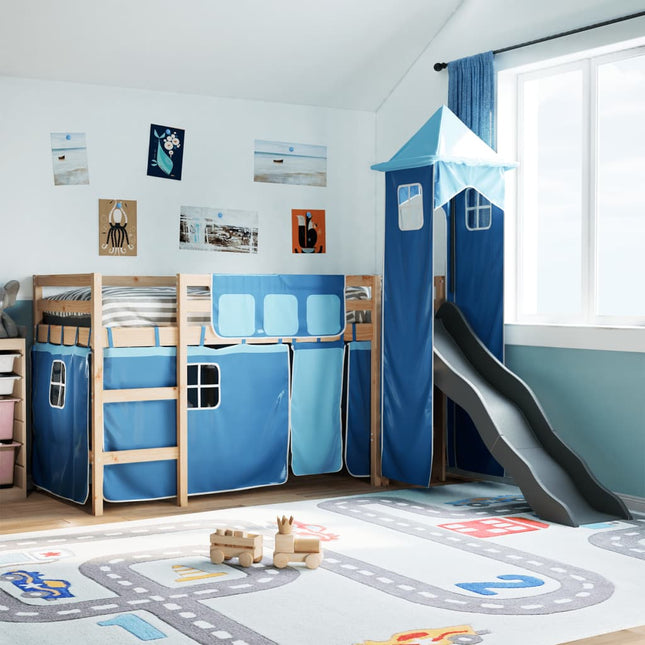 Kinderhoogslaper met toren 90x200 cm massief grenenhout blauw