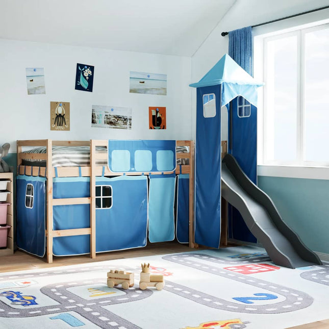 Kinderhoogslaper met toren 90x190 cm massief grenenhout blauw