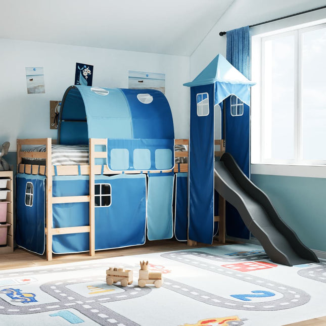 Kinderhoogslaper met toren 80x200 cm massief grenenhout blauw