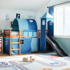 Kinderhoogslaper met toren 80x200 cm massief grenenhout blauw