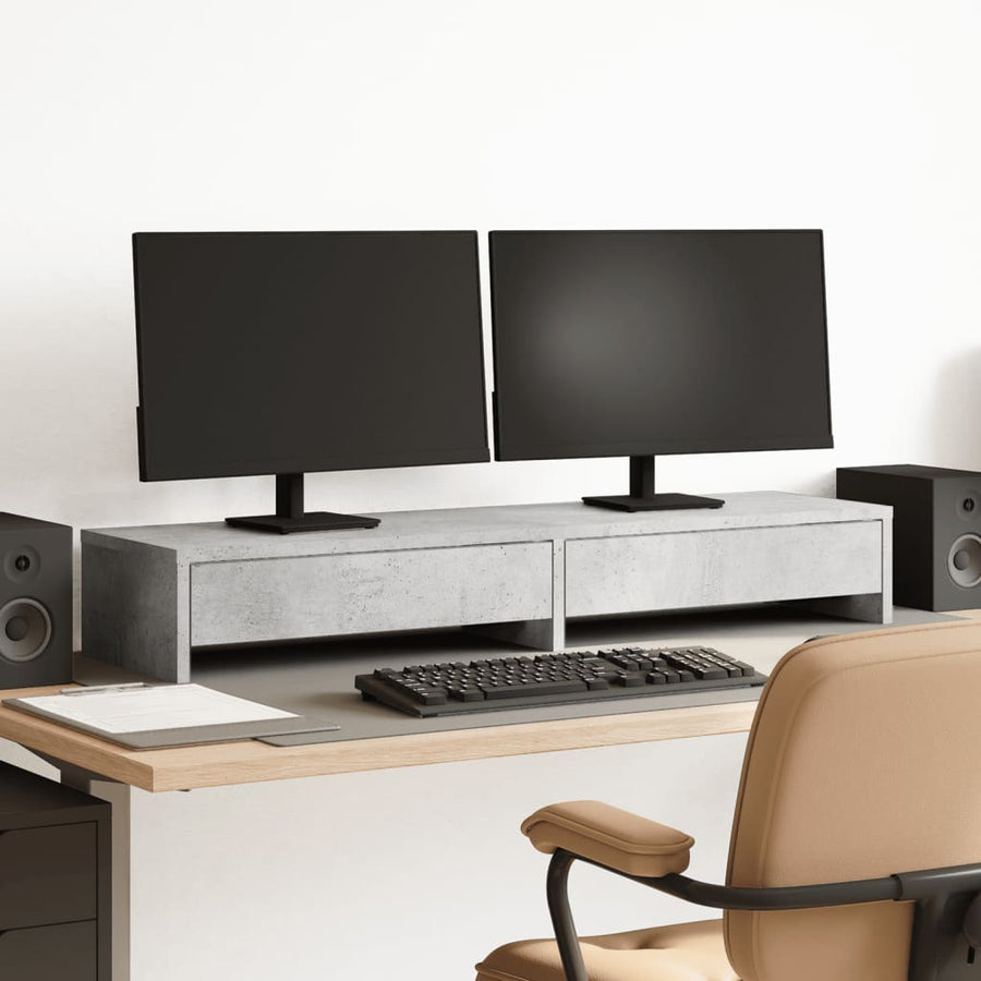 Monitorstandaard met lades 100x27x15 cm bewerkt hout betongrijs