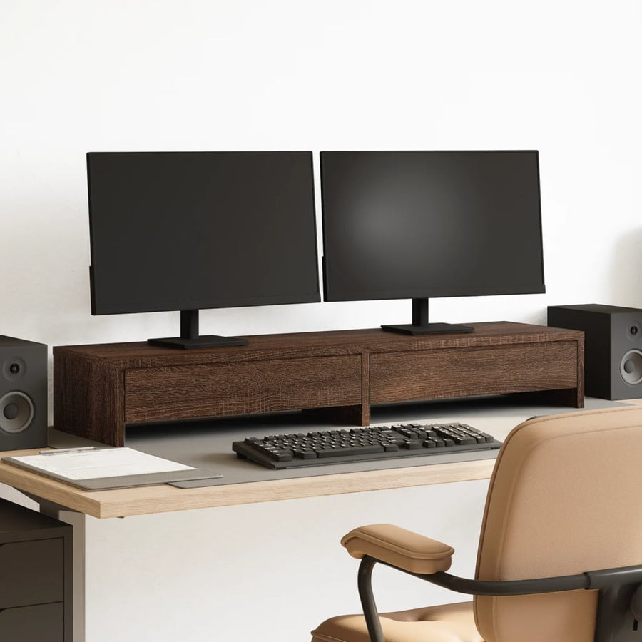 Monitorstandaard met lades 100x27x15 cm hout bruin eikenkleur