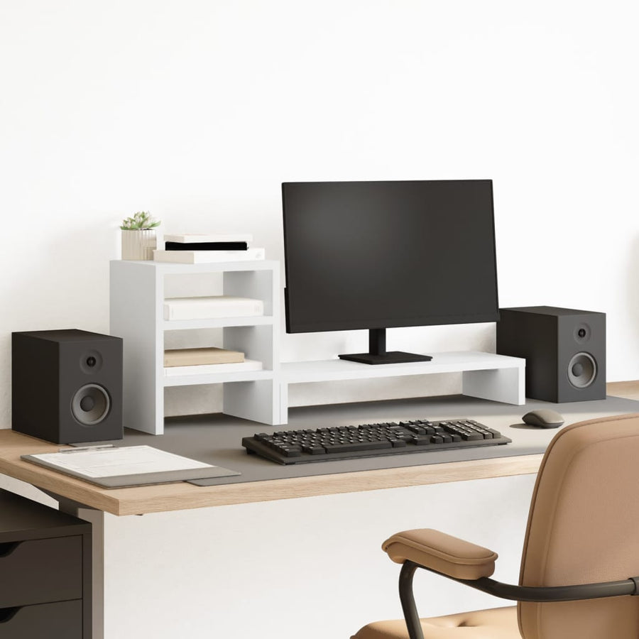 Monitorstandaard met bureau-organizer bewerkt hout wit