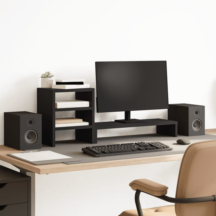 Monitorstandaard met bureau-organizer bewerkt hout zwart
