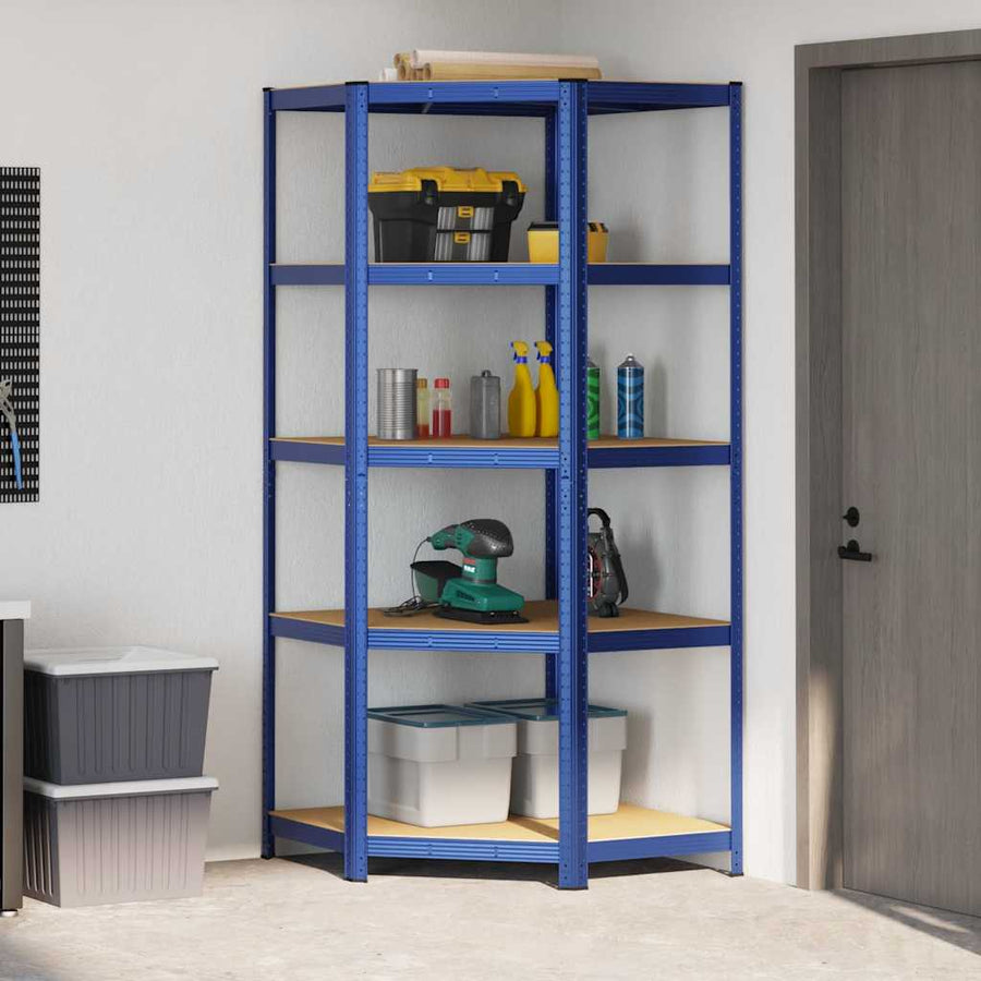 Hoekrek 5-Laags Staal En Bewerkt Hout Blauw 1 90 x 90 x 198 cm