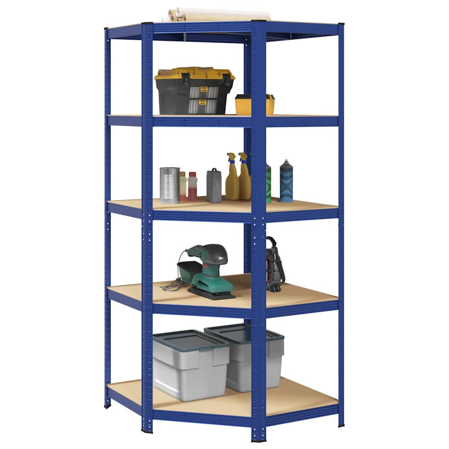 Hoekrek 5-Laags Staal En Bewerkt Hout Blauw 1 90 x 90 x 198 cm