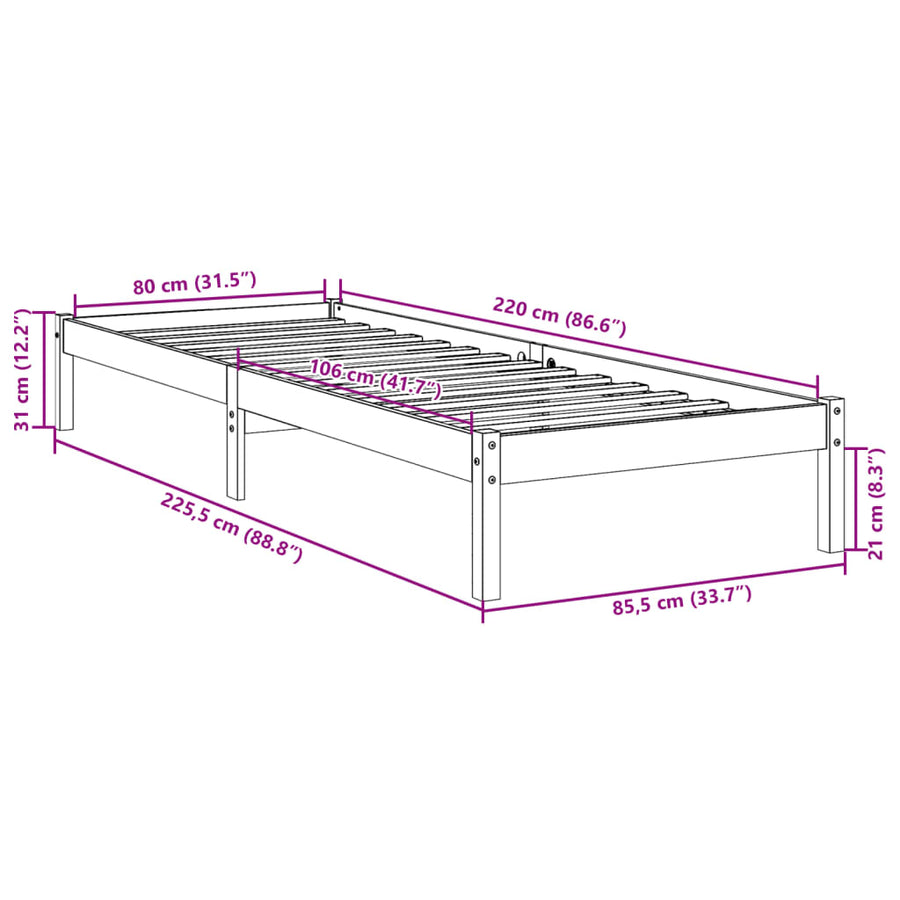 Bedframe extra lang zonder matras massief grenenhout 80x220 cm
