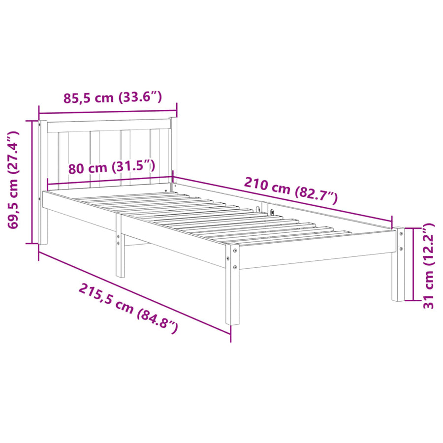 Bedframe extra lang zonder matras massief grenenhout 80x210 cm