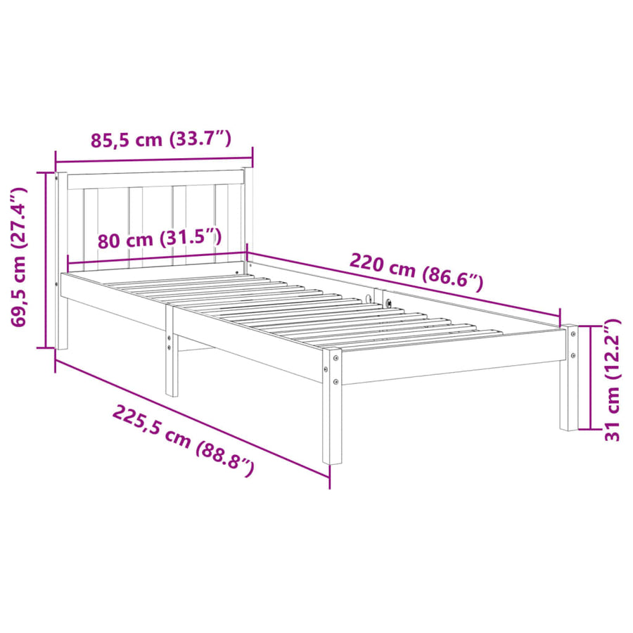 Bedframe extra lang zonder matras grenenhout wit 80x220 cm