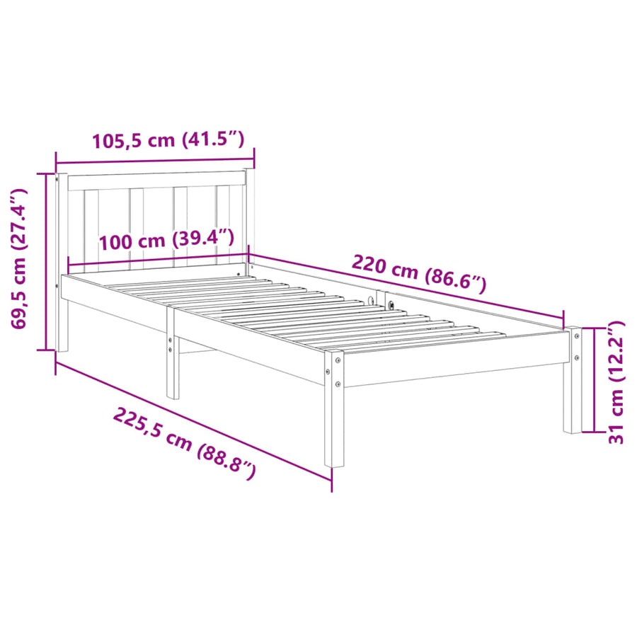 Bedframe extra lang zonder matras grenenhout wit 100x220 cm