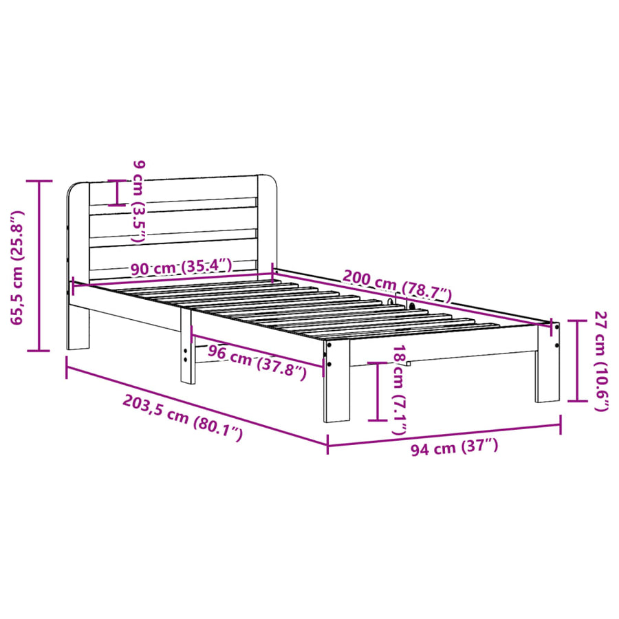 Bedframe zonder matras massief grenenhout 90x200 cm