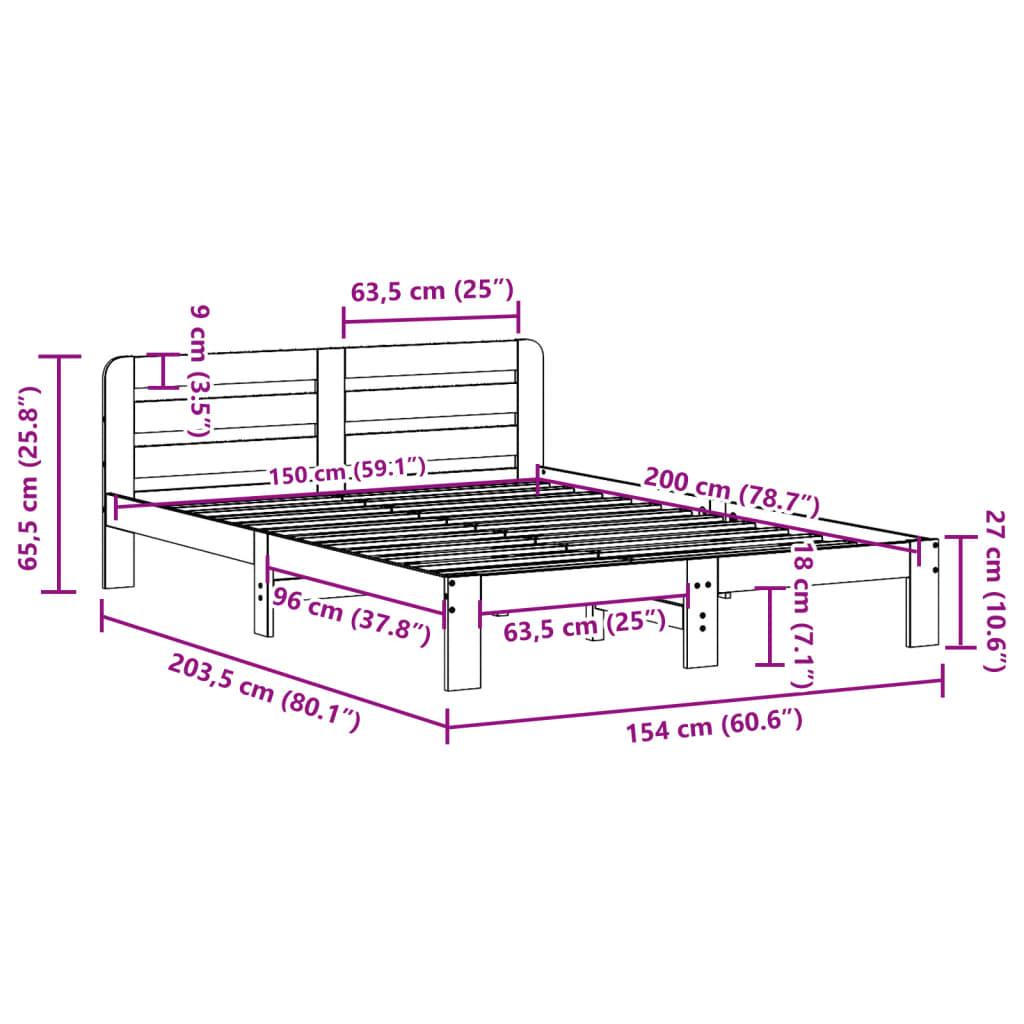 Bedframe zonder matras massief grenenhout 150x200 cm
