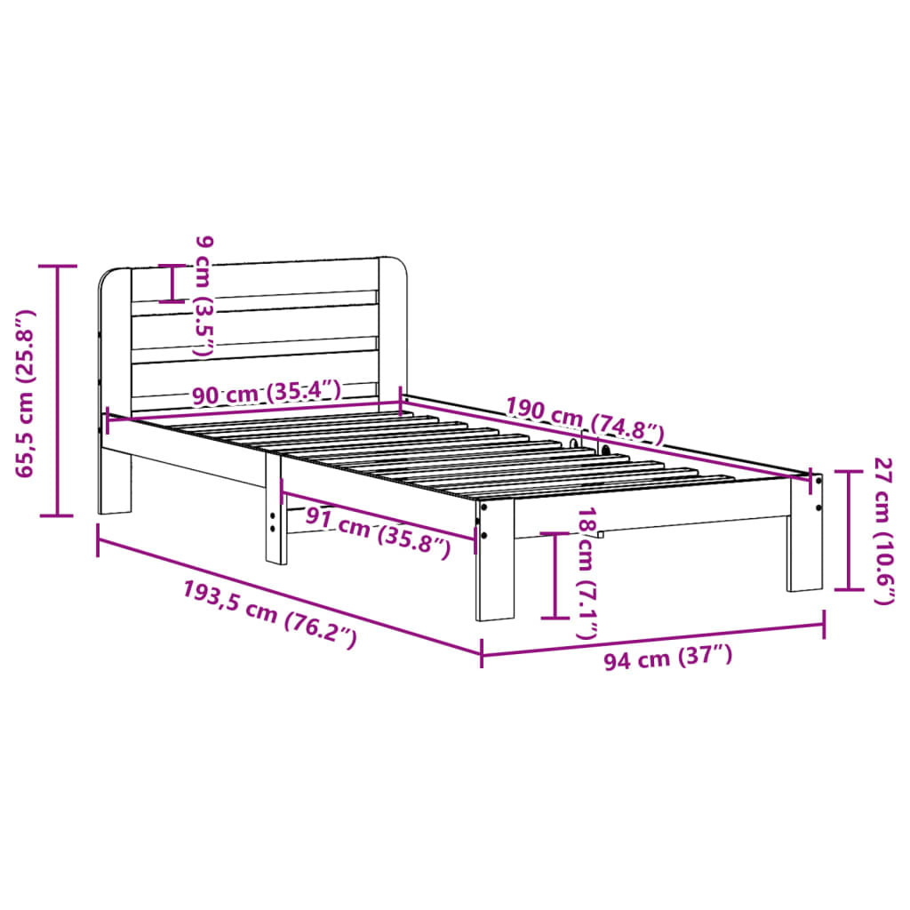 Bedframe zonder matras massief grenenhout wasbruin 90x190 cm