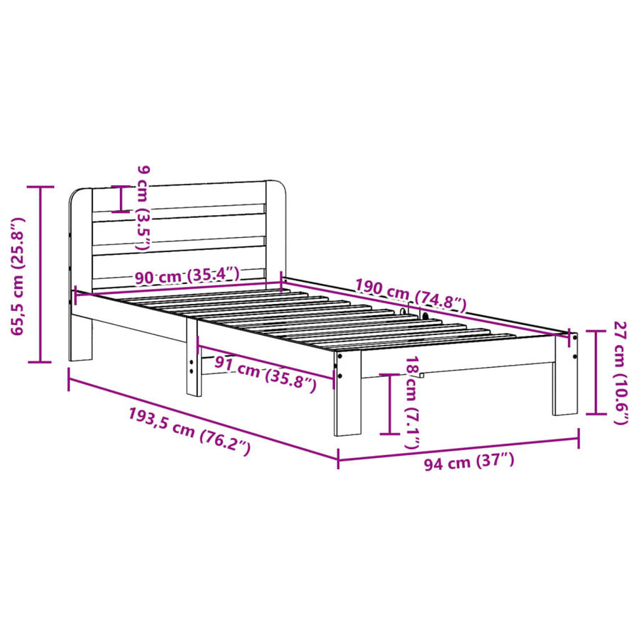 Bedframe zonder matras massief grenenhout wasbruin 90x190 cm