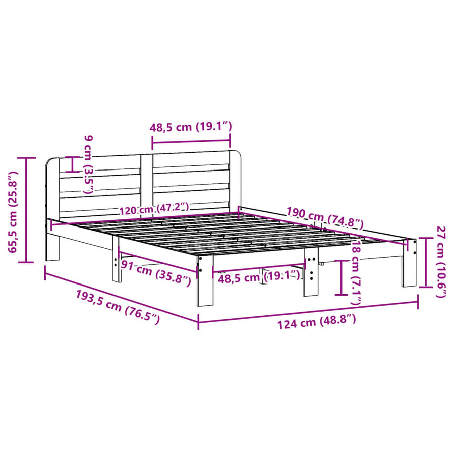 Bedframe zonder matras massief grenenhout wasbruin 120x190 cm