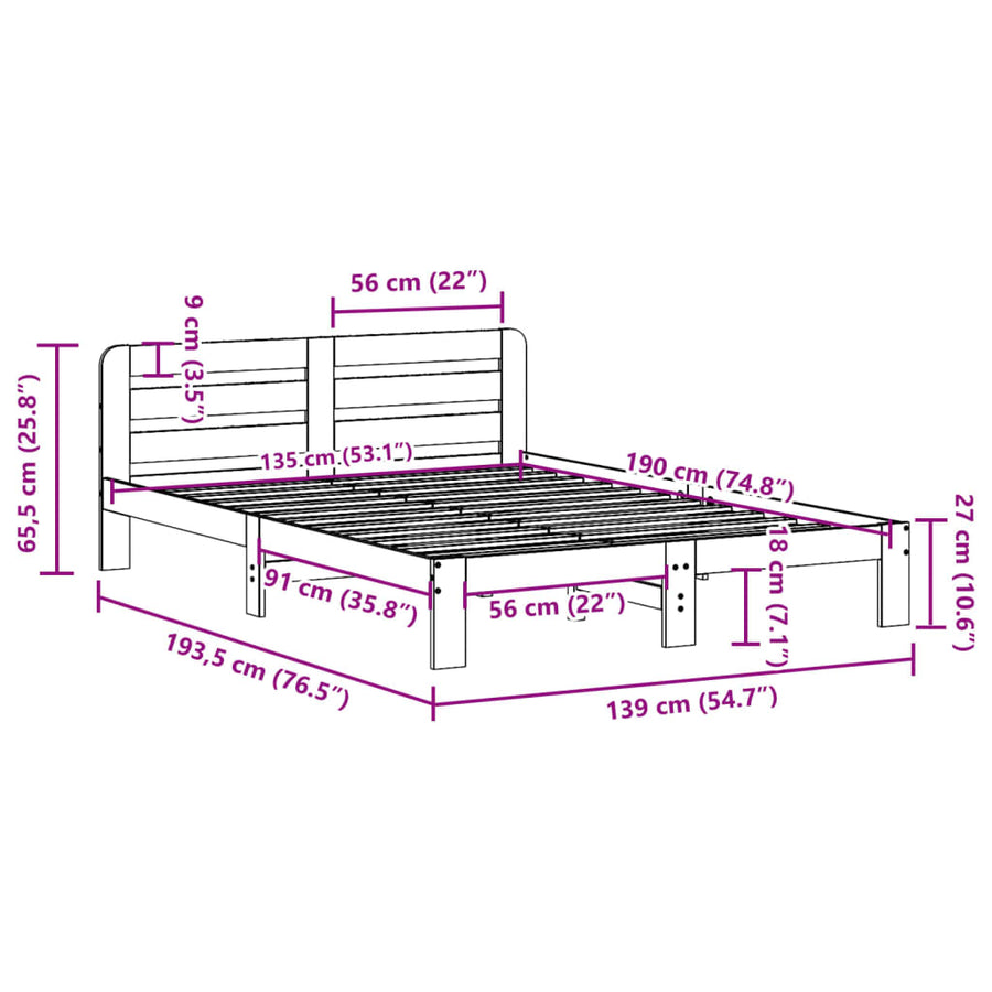 Bedframe zonder matras massief grenenhout wit 135x190 cm