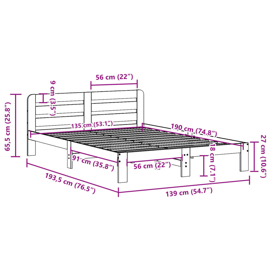 Bedframe zonder matras massief grenenhout wasbruin 135x190 cm