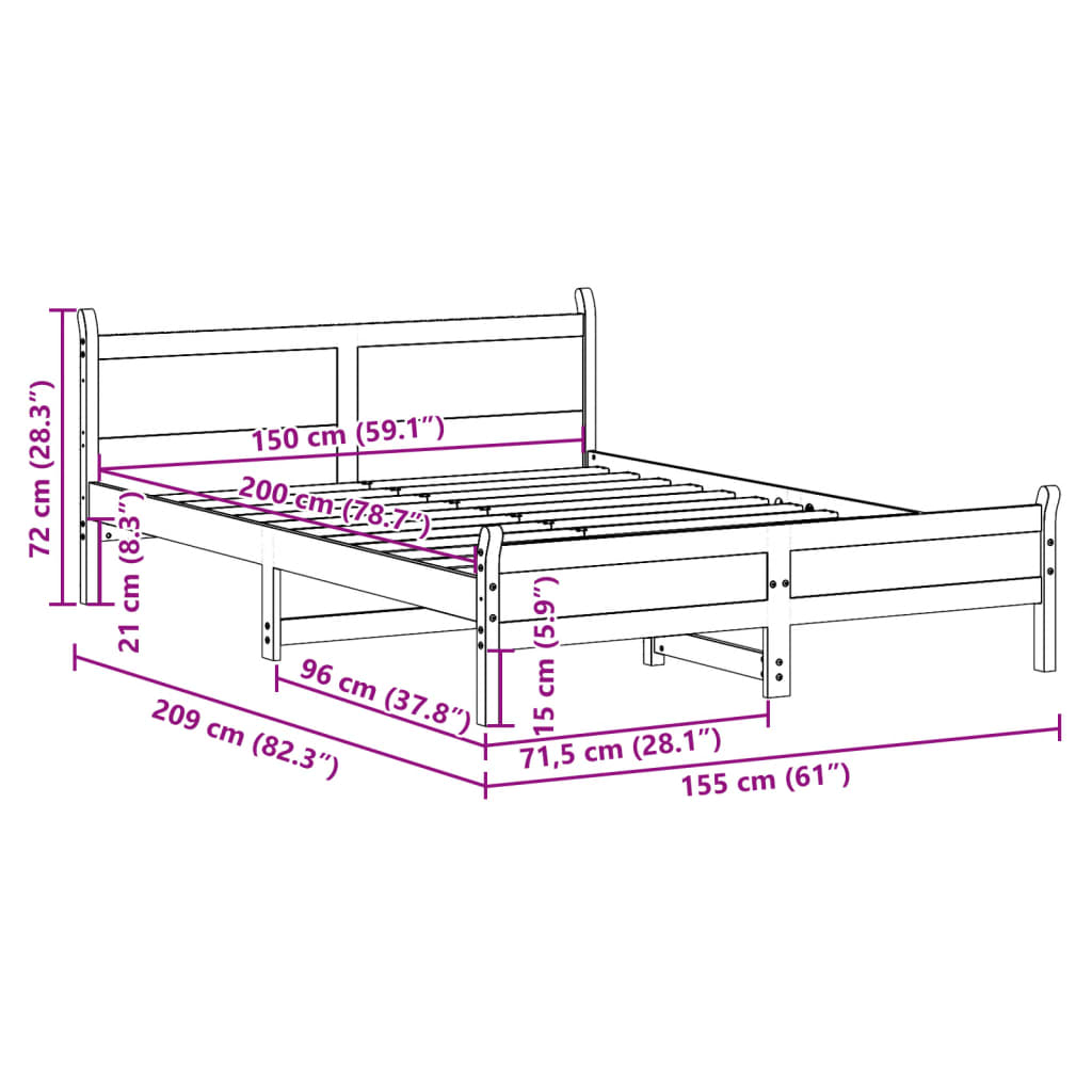 Bedframe zonder matras massief grenenhout 150x200 cm