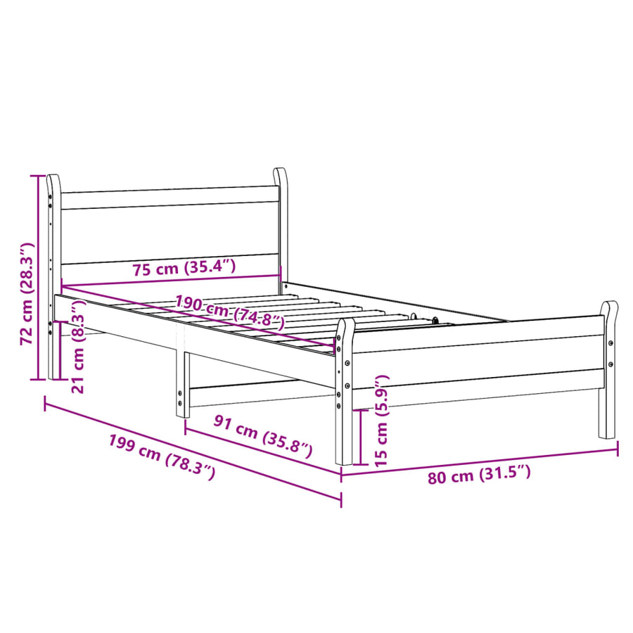 Bedframe zonder matras massief grenenhout wasbruin 75x190 cm